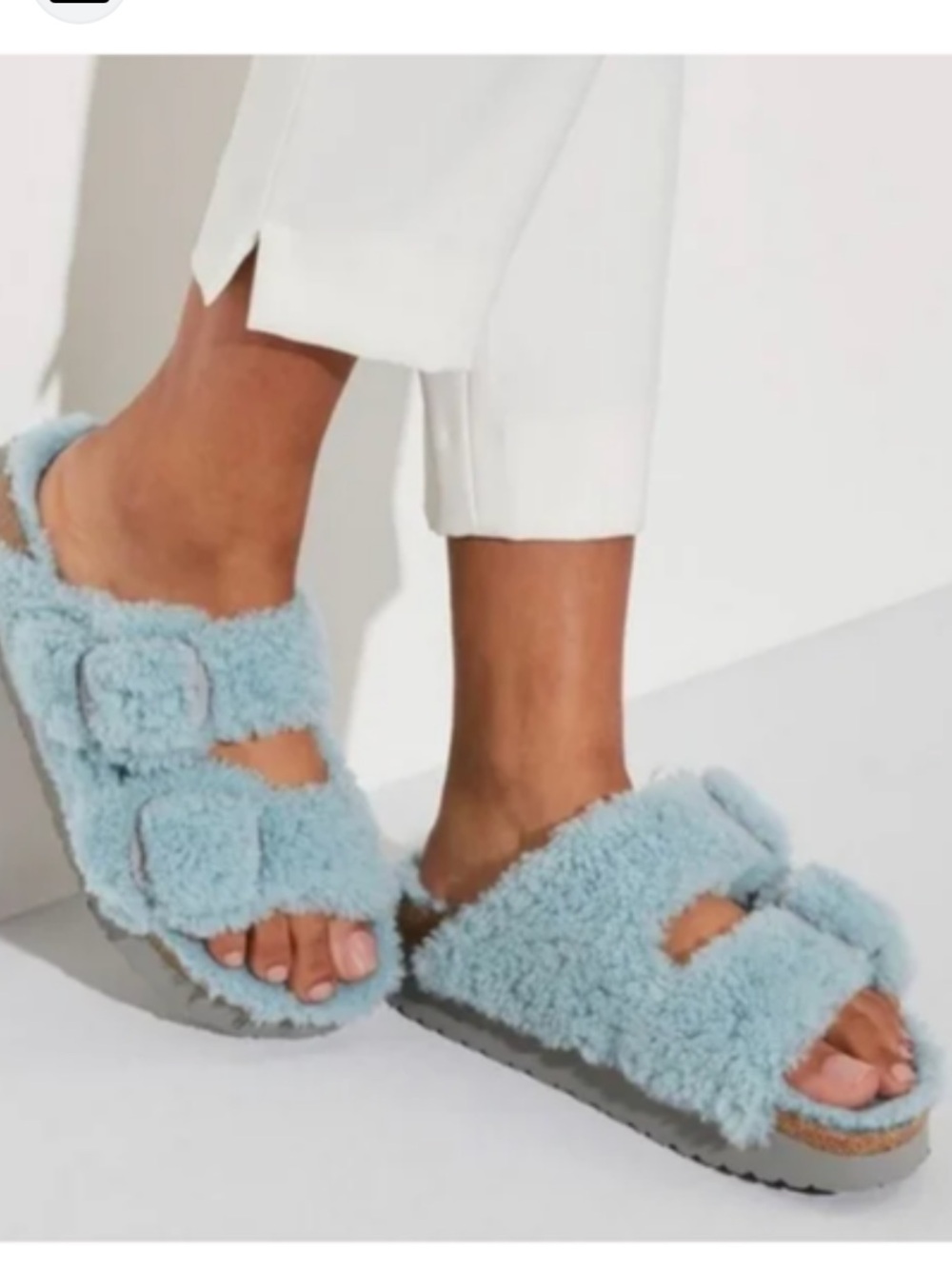 Papillio Arizona Teddy Shearling Double-Buckle Slides in Pastel Blue Women’s 39